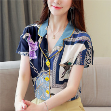 批发<b class='q'>真丝</b><b class='q'>衬衫</b>女短袖2026新款夏季西装领撞色宽松上衣通勤复古印花<b class='q'>衬衣</b>