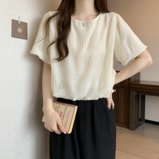 批发实拍 大码女装胖MM 纯色肌理感压褶<b class='q'>泡泡袖</b>短袖圆领套头<b class='q'>雪纺衫</b>