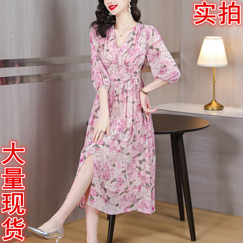 MY13162#夏季新款高端桑蚕丝中长款V领碎花收腰显瘦连衣裙