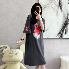 批发实拍2026夏季新款连衣裙中长款T恤裙印花兔子<b class='q'>大码</b>连衣裙女