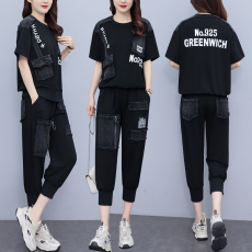 批发实拍 <b class='q'>夏</b>季时尚套装女 胖MM宽松拼接牛仔印花短袖两件套大码女装