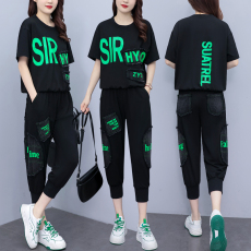 批发实拍 <b class='q'>夏</b>季新款套装女 宽松拼接牛仔印花短袖两件套潮流大码女装