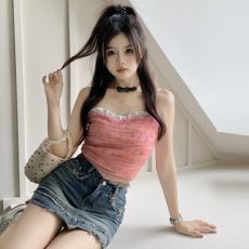 实拍现货玫瑰心事大码女装蕾丝吊带夏季性感甜妹打底衫毛边牛仔裙
