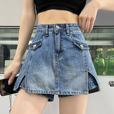 Slit denim skirt women's summer new high-waist hot girl design hip skirt mini skirt culottes skirt