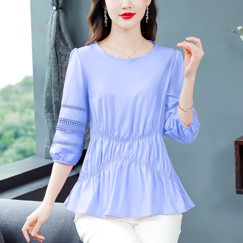 FA30980# 简约气质镂空设计褶皱衬衫收腰显瘦上衣 服裝批發女裝批發服飾貨源