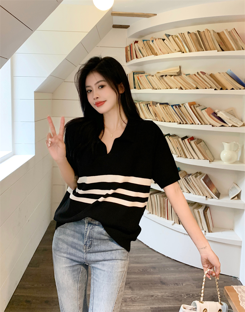 실사 빅 사이즈 여성 의류 여름 통통한 여동생 반팔 POLO 칼라 스트라이프 지방 mm 배색 연령 감소 마이크로 지방 니트 스웨터