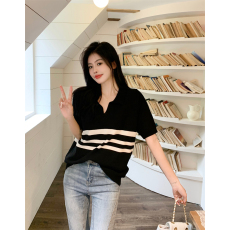 批发实拍 大码女装夏季胖妹妹短袖polo领条纹胖mm撞色减龄微胖针织衫