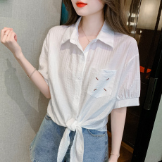 批发下摆打结雪纺衬衫女夏季2026年<b class='q'>新款</b>时尚洋气减龄短袖衬衣短款小衫