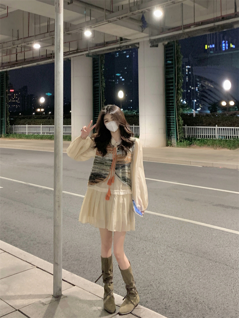 實拍#少女感可愛韓系百褶連衣裙女+流蘇條紋漸變背心疊穿馬甲