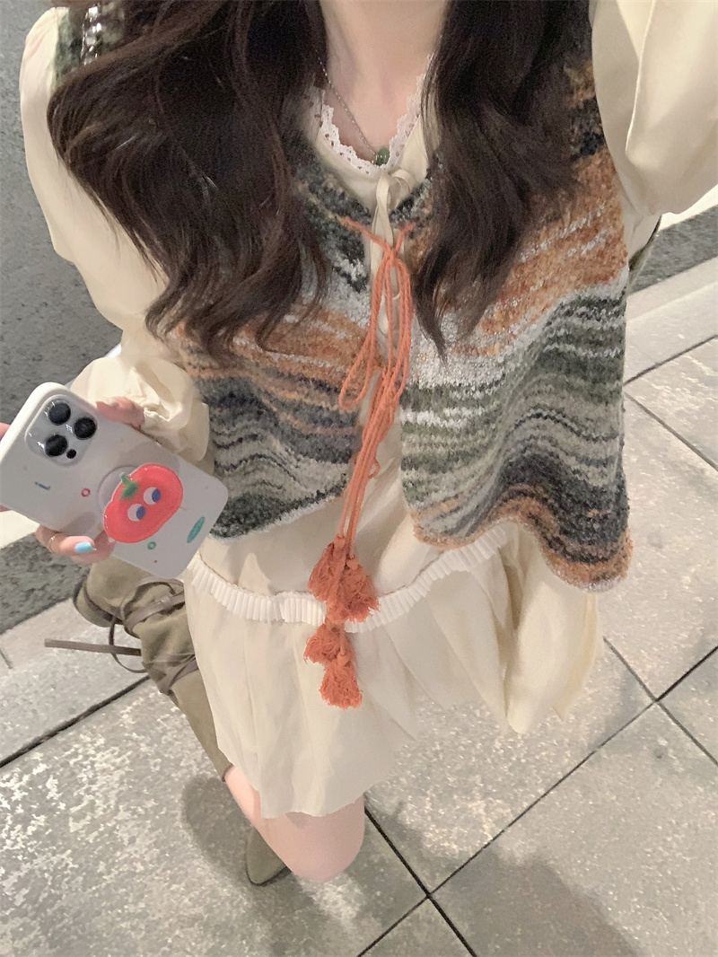 實拍#少女感可愛韓系百褶連衣裙女+流蘇條紋漸變背心疊穿馬甲