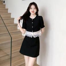 批发夏季新款短袖蕾丝<b class='q'>拼接</b>衬衫高腰半身裙两件套装女