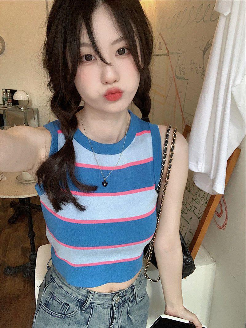 彩色條紋內搭吊帶小背心短款女夏設計感小眾外穿修身打底針織上衣