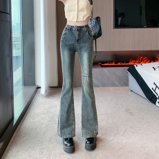 实拍实价~复古破洞微喇牛仔裤女新款辣妹高腰显瘦直筒马蹄裤子