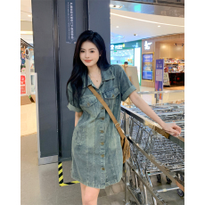 批发实拍 大码女装港风复古气质<b class='q'>牛仔</b>衬衫<b class='q'>连衣裙</b>休闲减龄短袖<b class='q'>牛仔</b>外套