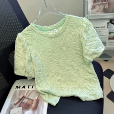 批发2026夏季新款泡泡袖褶皱女上衣糖果色<b class='q'>蕾丝</b>短袖<b class='q'>T</b><b class='q'>恤</b>