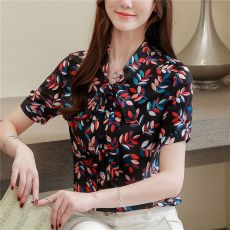 批发重磅真丝衬衫女2026夏新款宽松<b class='q'>大码</b>印花桑蚕丝上衣蝴蝶结短袖衬衣
