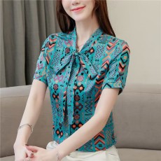 批发真丝飘带衬衫女2026夏新款宽松<b class='q'>大码</b>印花桑蚕丝上衣蝴蝶结欧货衬衣