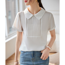 批发2026夏季新款韩版娃娃领时尚<b class='q'>白色</b>雪纺衬衫女气质百搭简约短袖上衣