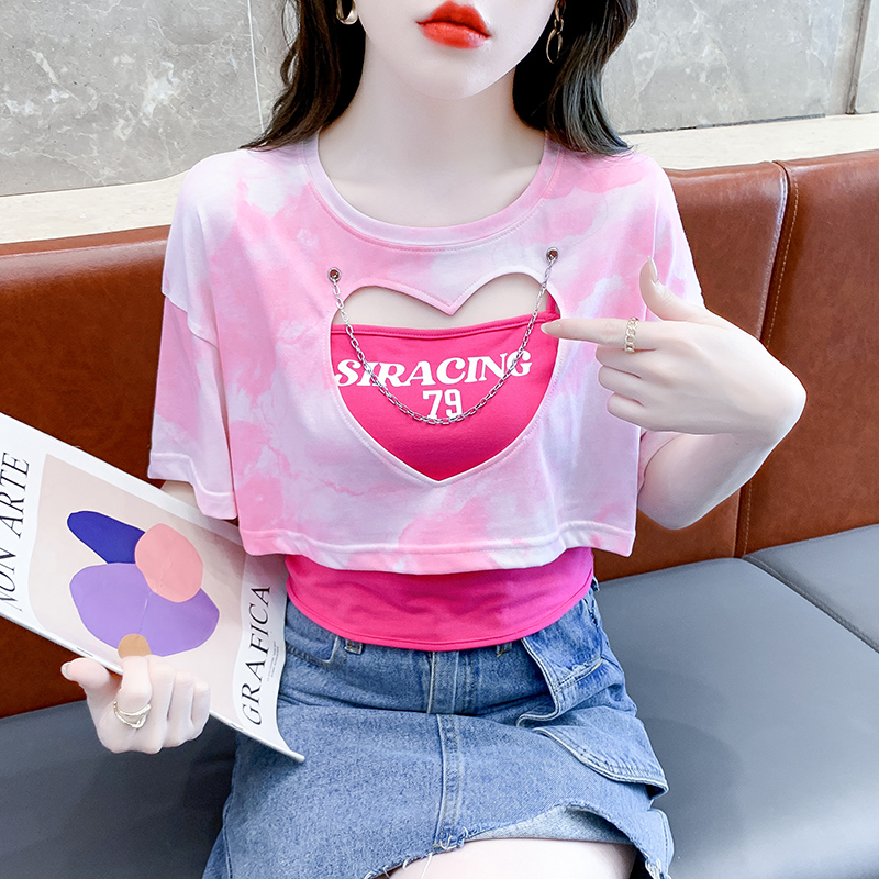 RY2928# 实拍2026夏季新款韩版镂空爱心两件套扎染小个子短款圆领套头T恤
