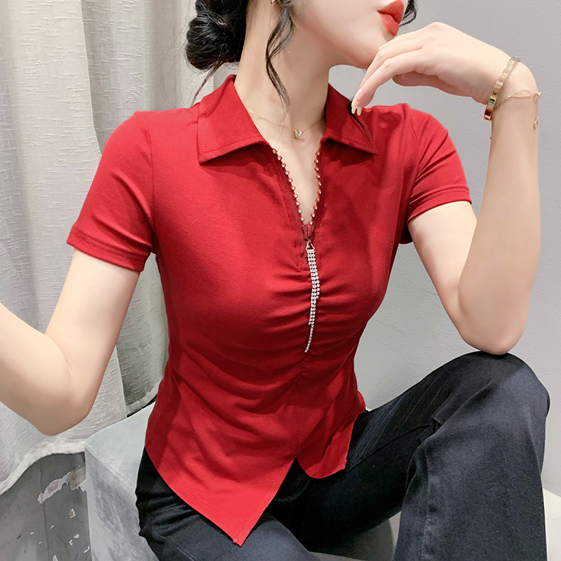 RY2180# 夏季新款洋气女装时尚镶钻拉链开叉短袖TPOLO领潮辣妹修身...
