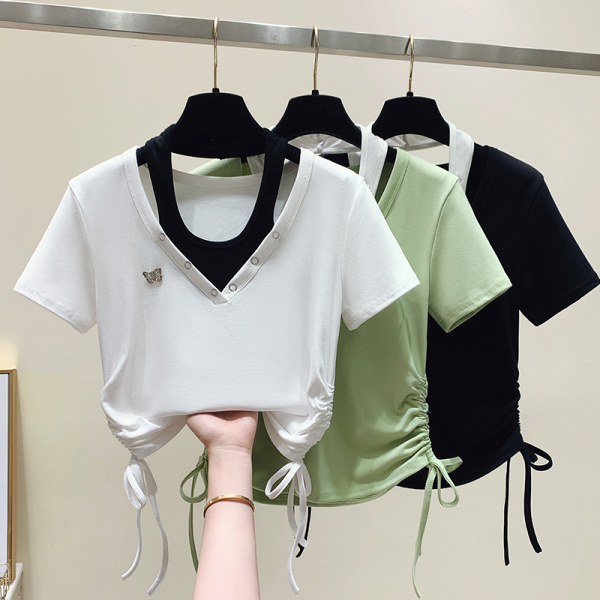 RM12031#V领假两件短袖t恤女2023新款夏装抽绳修身时尚短款上衣