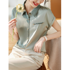 批发缎面<b class='q'>韩版</b>休闲上衣2026夏新款百搭撞色拼接质感连肩袖衬衫女