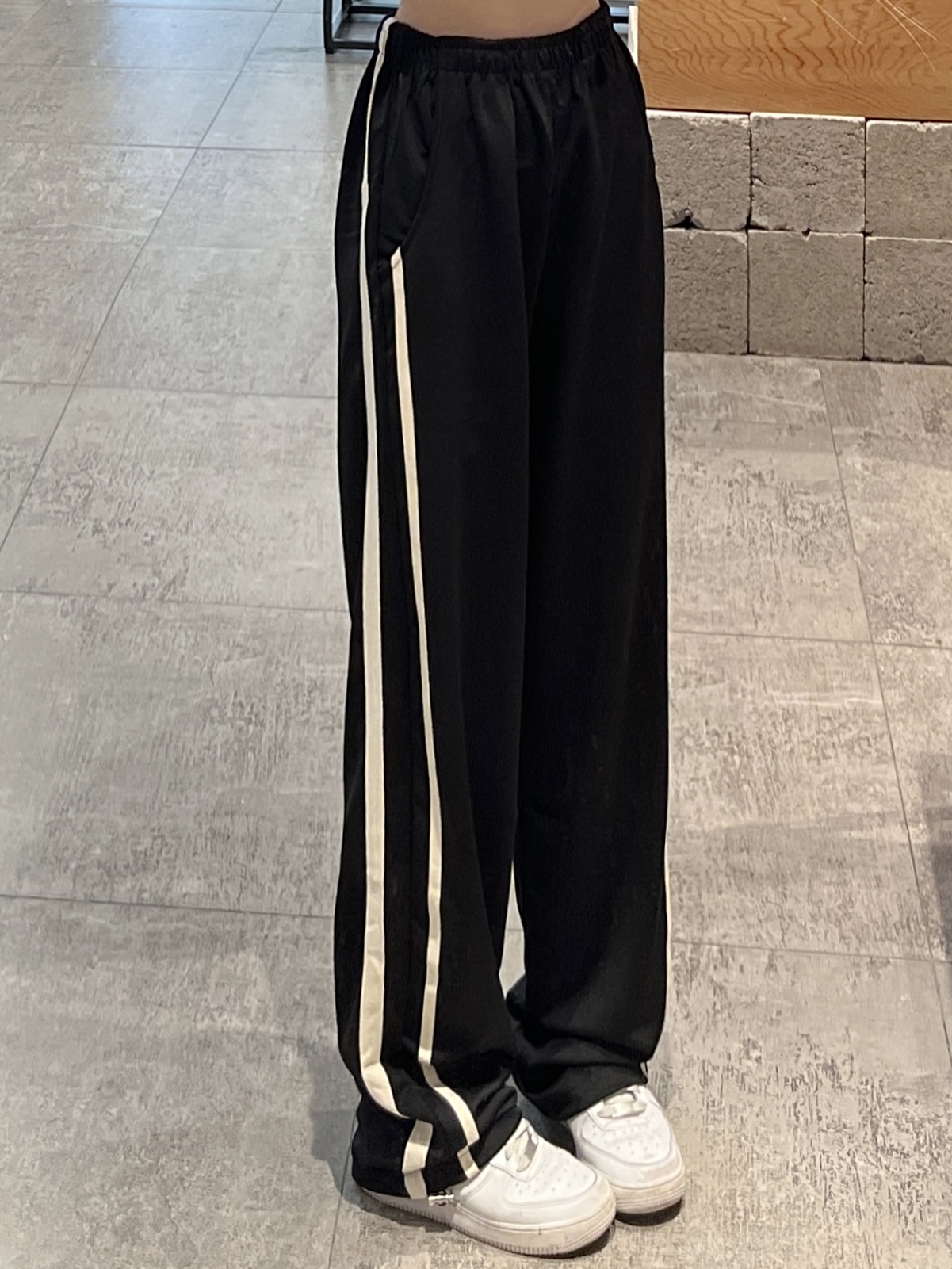 實拍  美式街頭衛褲女條紋寬鬆休閒褲運動長褲