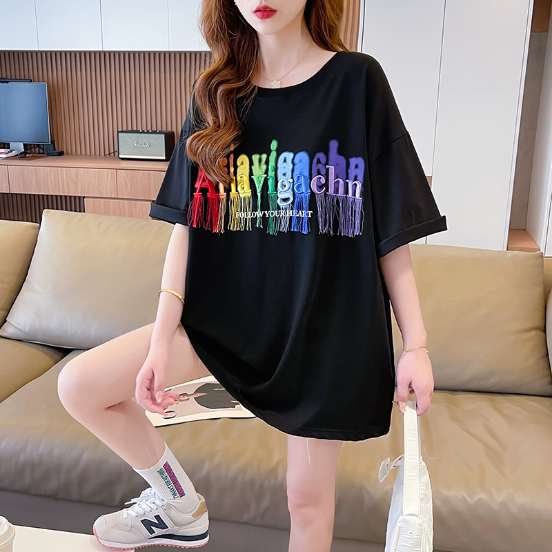 后包领韩版中长款重工刺绣短袖T恤女 服裝批發女裝批發服飾貨源 服裝批發女裝批發服飾貨源