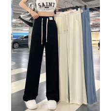 批发实价-实拍-冰丝罗纹 夏季新款宽松阔腿抽绳休闲百搭长<b class='q'>裤</b>女