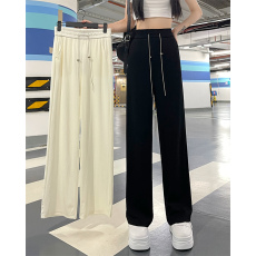 批发实价-实拍-冰丝罗纹 夏季新款宽松阔腿抽绳休闲百搭长<b class='q'>裤</b>女