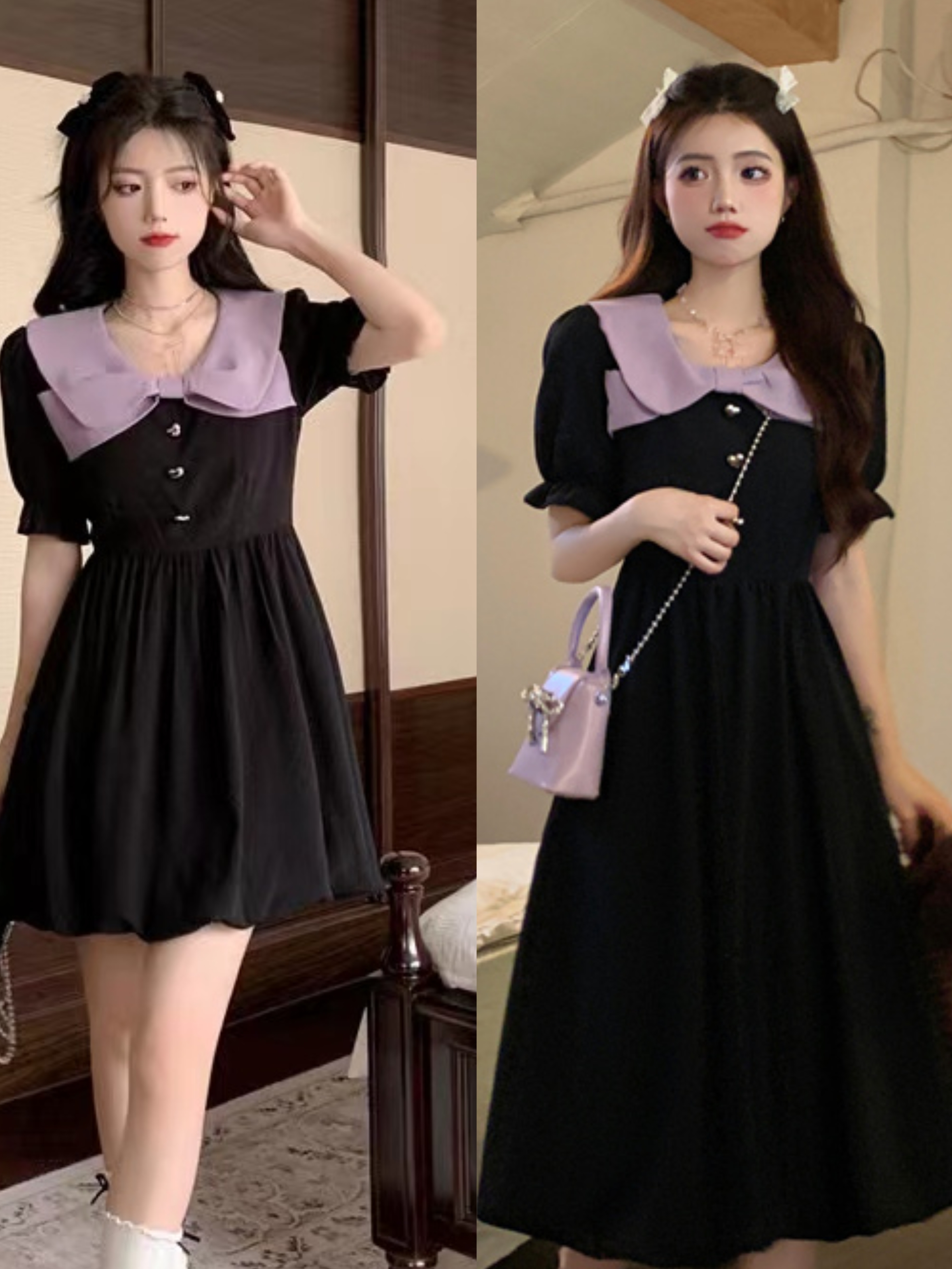 RY1467# 实拍2026夏新款复古撞色娃娃领收腰显瘦连衣裙女御姐轻熟风...