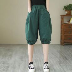 批发纯棉夏季薄款休闲宽松大码短裤女<b class='q'>高腰</b>五分裤阔腿松紧腰<b class='q'>哈伦裤</b>中裤