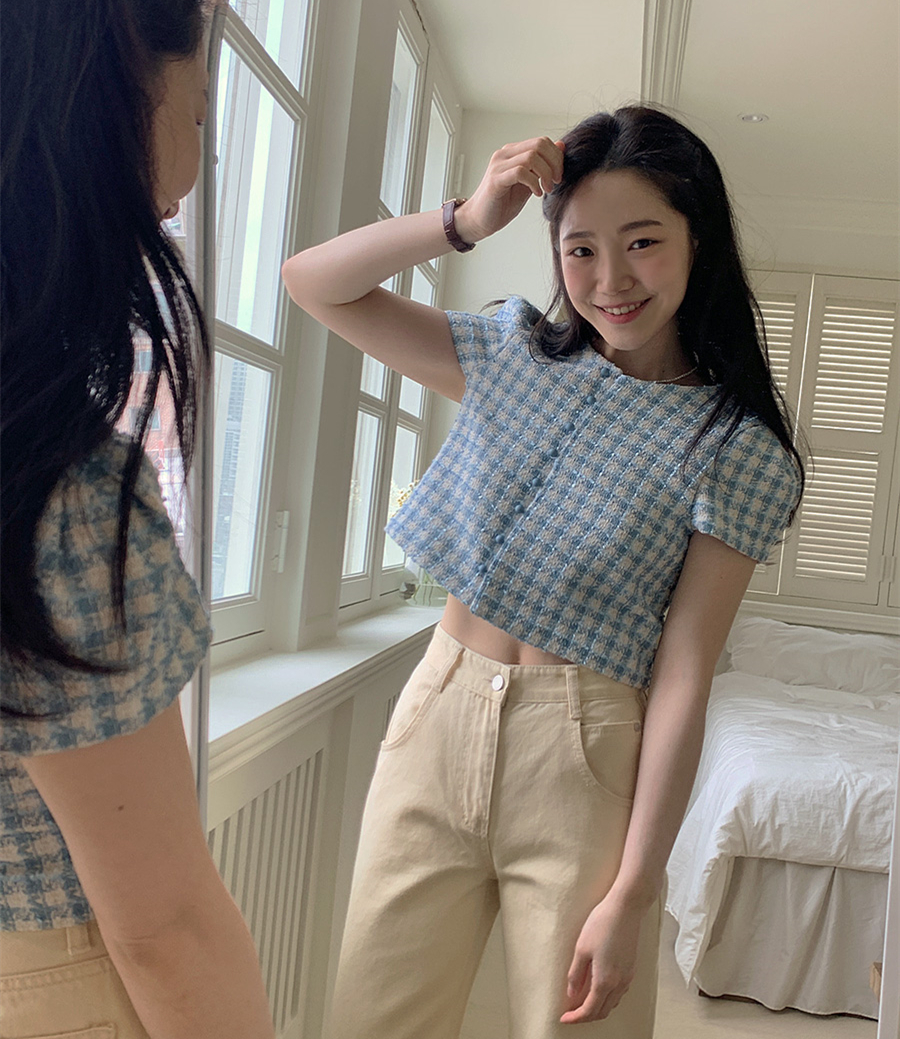 있음 선적 한 부서 달콤함 소녀 센스 싱글 줄 버튼 디자인 체크무늬 트위드 작은 샤넬 스타일 쇼트 스타일 재킷 둘 색상