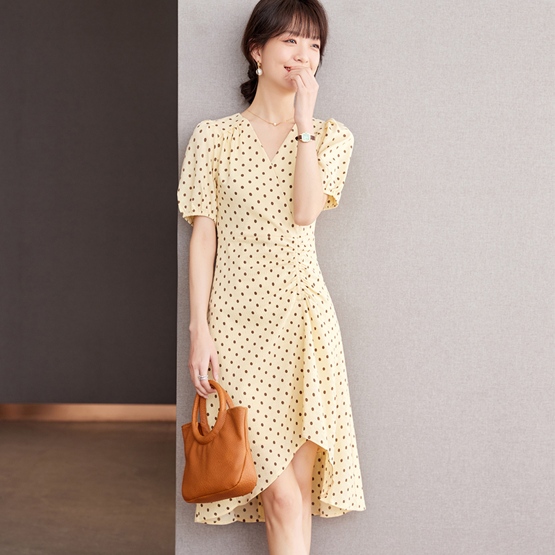 MY2778#有内衬新款法式V领波点气质收腰显瘦茶歇中长裙女裝貨源服裝批發