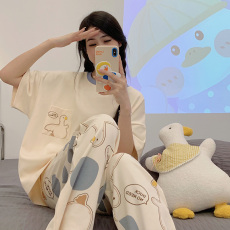 实拍~睡衣女棉质新款简约夏季女士短袖长裤韩版可外穿家居服套装