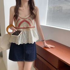 批发泫雅风小花刺绣吊带女夏季新品韩版复古勾花镂空针织短款背心