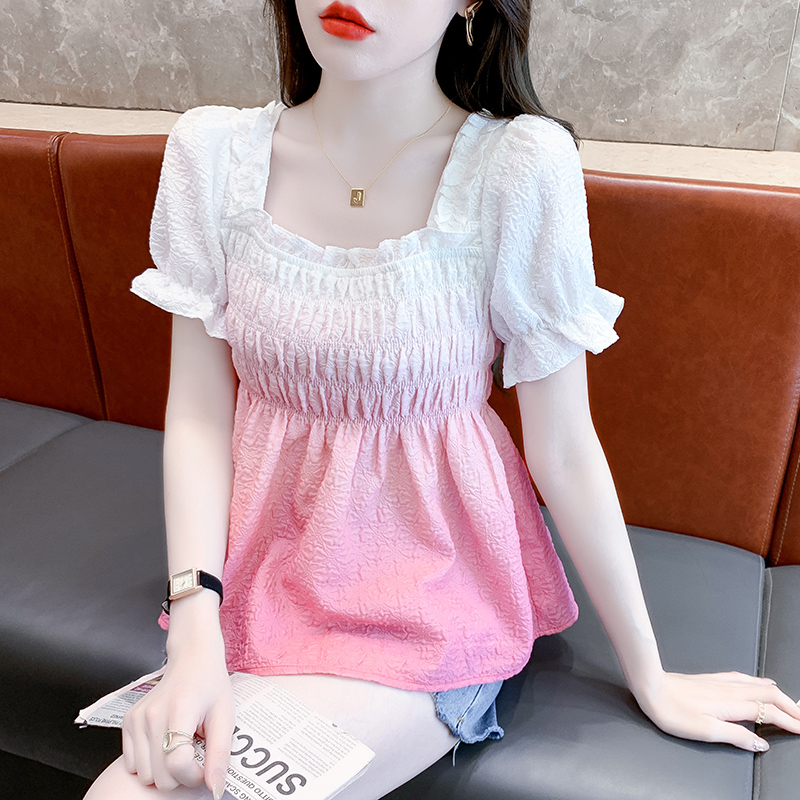 LN20687# 夏季新款韩版个性方领渐变甜美公主袖淑女短袖套头衬衫 服装批发女装批发服饰货源