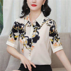 批发气质印花真丝衬衫女2026<b class='q'>夏</b>季新款时尚洋气短袖衬衣高端桑蚕丝上衣