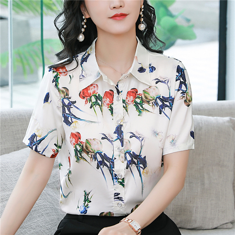 RY4309# 2026新款重磅高端大簰时尚洋气印花真丝衬衫女短袖缎面桑蚕...