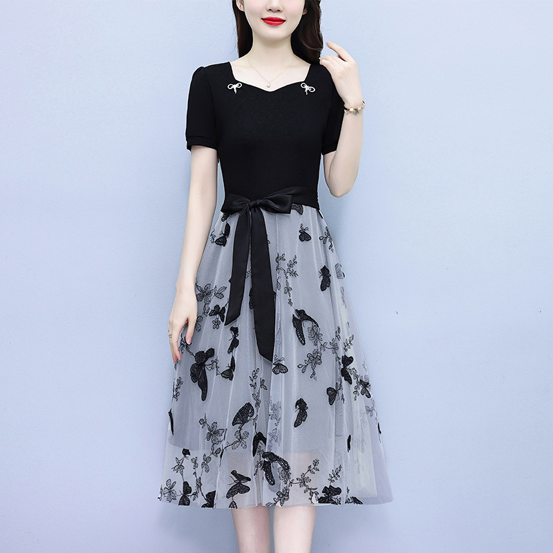 MY1328# 网红炸街大码女装胖mm刺绣时尚洋气修身显瘦短袖连衣裙子夏季新款女裝貨源服裝批發