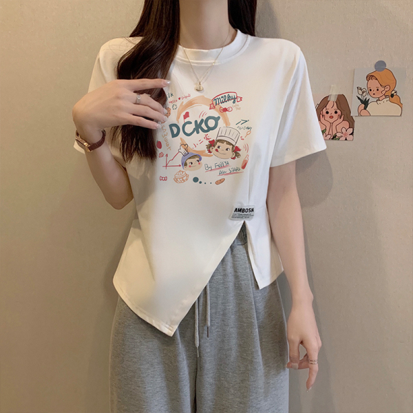 RM8505#大码女装2023夏季新款设计感不规则开叉宽松显瘦短袖T恤上衣
