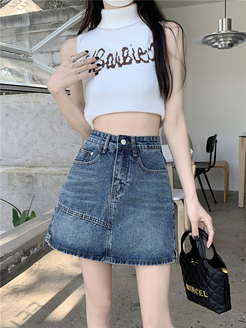 Actual shot and real price new high-waisted versatile spliced ​​slit anti-exposure A-line denim skirt
