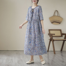 批发实拍复古小碎花苎麻<b class='q'>连衣裙</b>女 夏季新款套头宽松腰显瘦<b class='q'>气质</b>中长款
