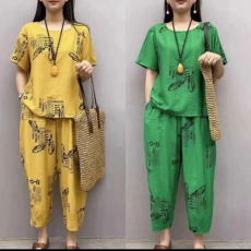 批发2022爆款新款中老年人夏季麻短袖妈妈装大码休闲洋气宽松两件套装