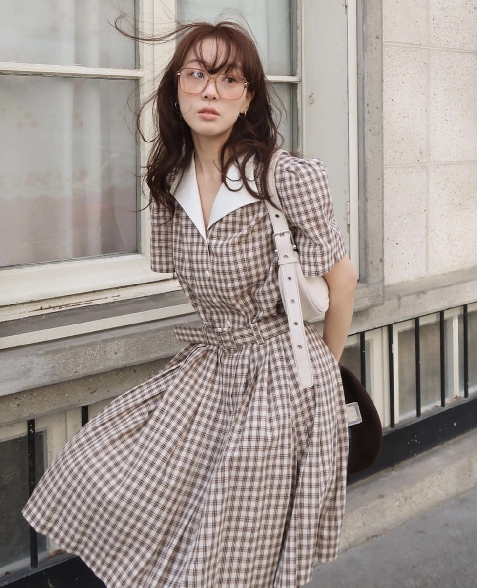 있음 선적 영국식 느슨함 센스 체크무늬 드레스 벨트 포함
