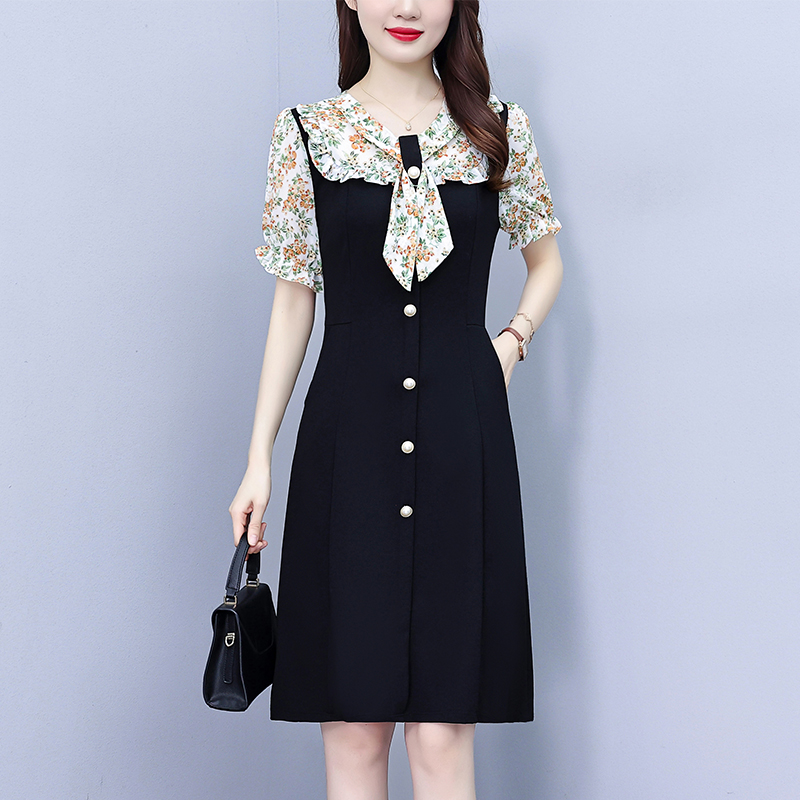 RY253# 2026轻熟风大码女装胖mm雪纺拼接短袖中长款连衣裙夏季新款...