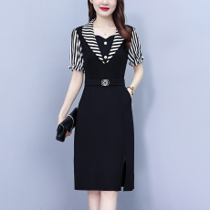 批发2026夏季新款大码女装条纹<b class='q'>西服</b>领拼色时尚气质遮肉显瘦连衣裙中裙