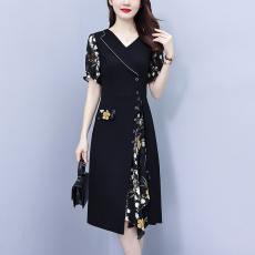 批发大码女装2026夏季新款胖mm<b class='q'>西装</b>领<b class='q'>雪纺</b>碎花拼接时尚中年遮肚连衣裙