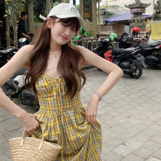 bigking大金家黄色格子吊带连衣裙女夏收腰长款抹胸裙伞裙长裙子