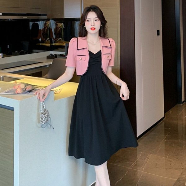 RM11854#夏季2023新款气质小香风短袖短款外套+黑色吊带连衣裙两件...